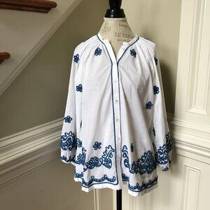 NWT Bella Tu Applique Tunic Blouse Top Shirt Womens Small White Blue Button Down
